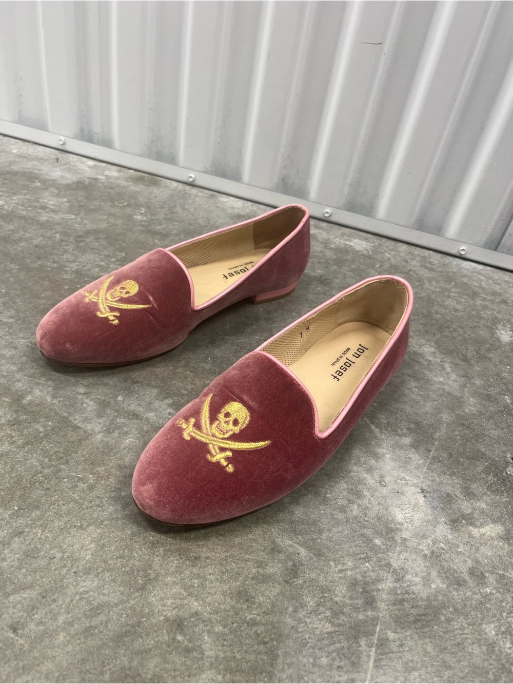 Jon Josef Pink Velvet Skull & Crossbones Loafers 7